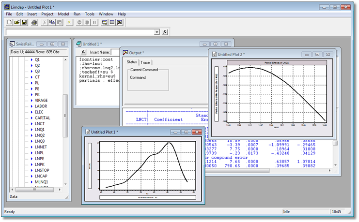 LIMDEP descriptive statistical analysis tools including kernel density estimation and linear regression